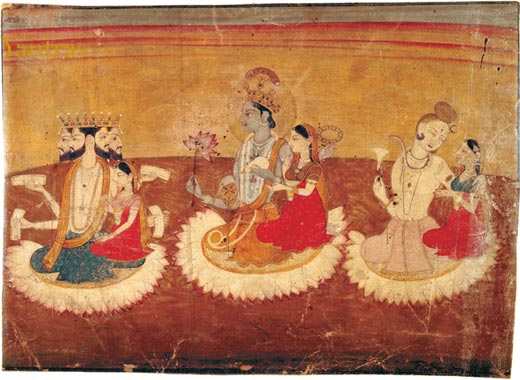 Brahma and Sarasvati, Vishnu and Lakshmi, and Shiva and Parvati seated on lotus thrones