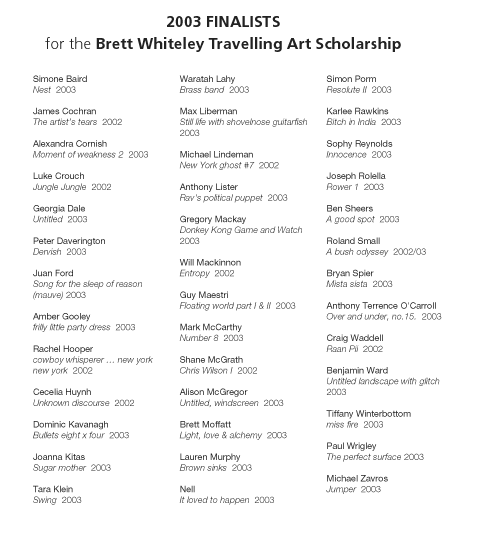 Finalists' names for the Brett Whiteley Scholarship 2003